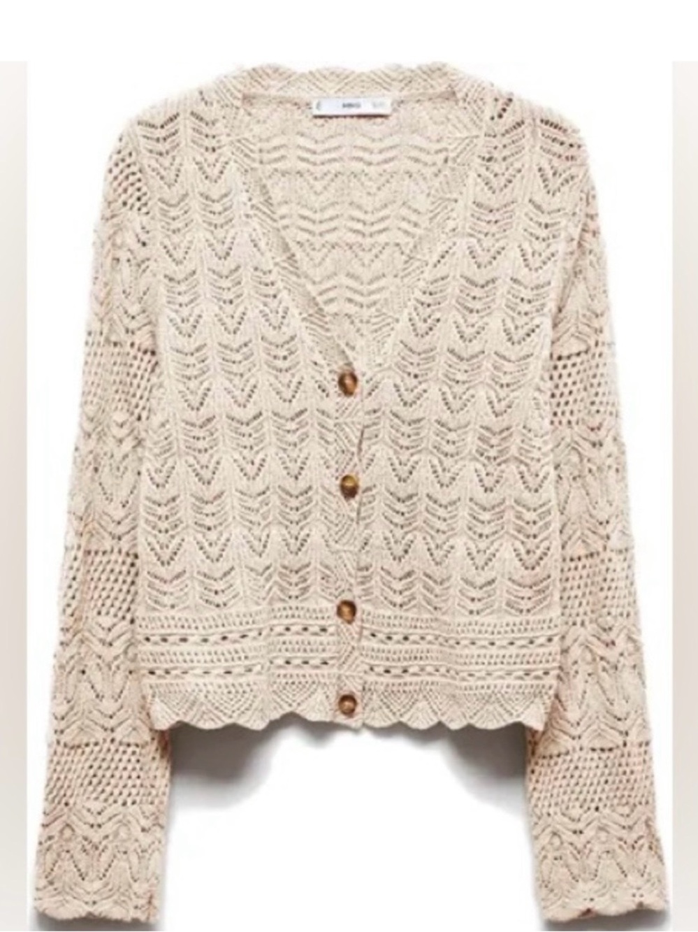 Mango Cream Crochet Knit Button-Front Cardigan